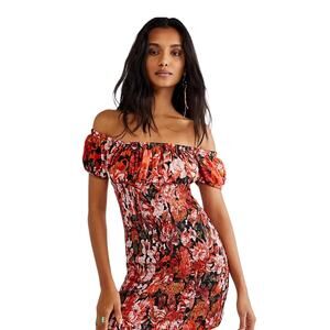 Free People Wren smocked mini dress medium floral pleated bust puff short sleeve